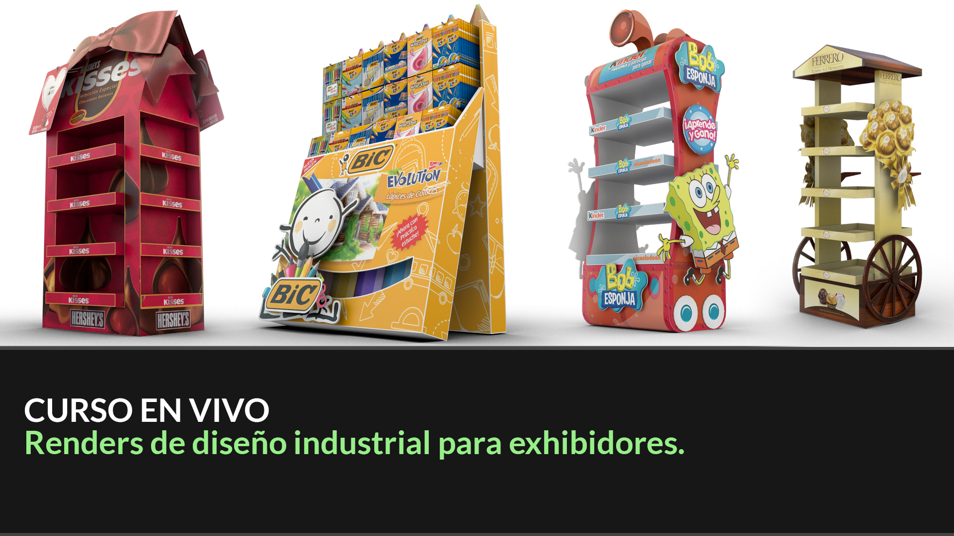 Renders de diseño industrial para exhibidores.